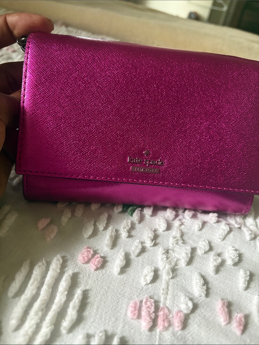 kate spade metallic fuchsia compact wallet crossbody